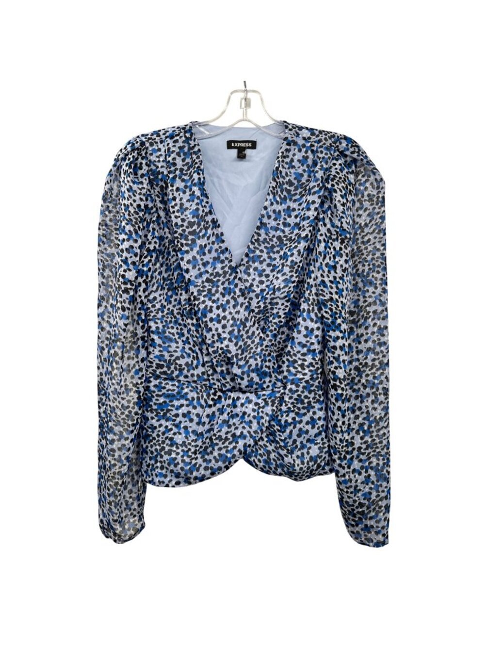 Express Womens Surplice Top Blue/Multi Print Long Sleeve Size Medium